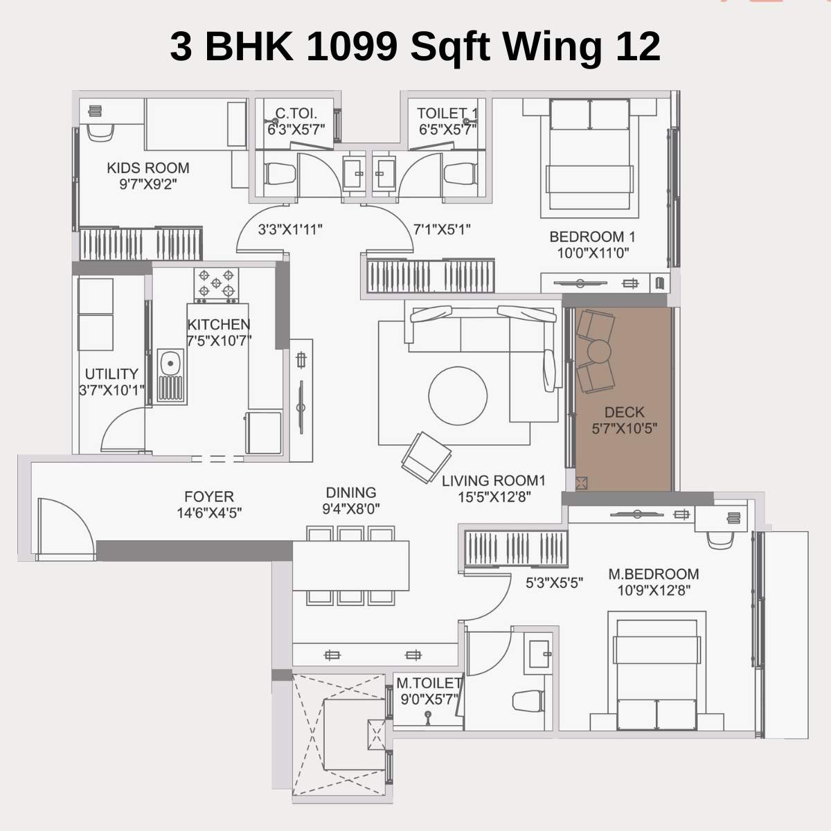 Adani-10-BKC-Floor-Plan-Zone-C-Wing-12-Unit-1-3-BHK-1099-Sqft